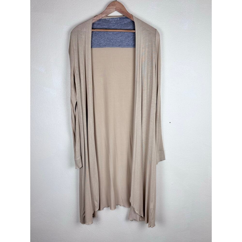 Soft Surroundings Long Open Front Cardigan Womens Med Beige Duster Stretch Knit